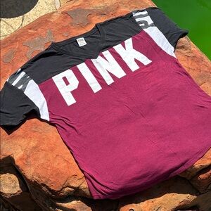PINK Victoria's Secret Black burgundy oversized Logo Tee L ATM colors